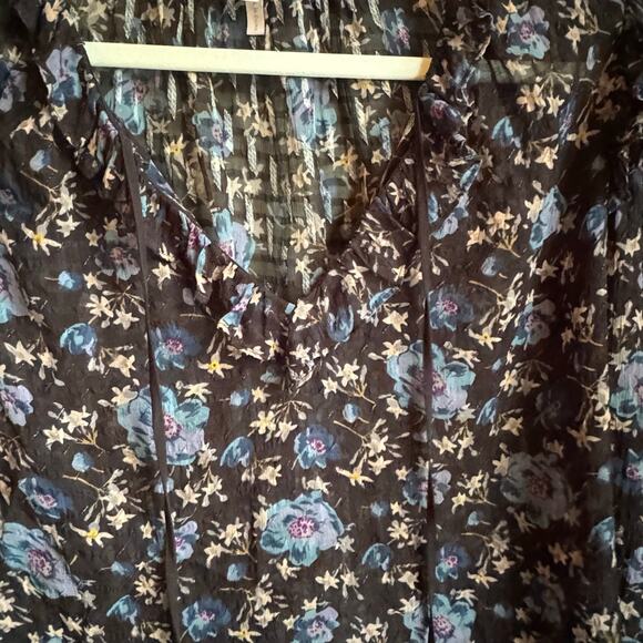 Rebecca Taylor Solstice Black Puff Sleeve Blouse Blue Floral Silk Cotton Blend - Picture 6 of 8
